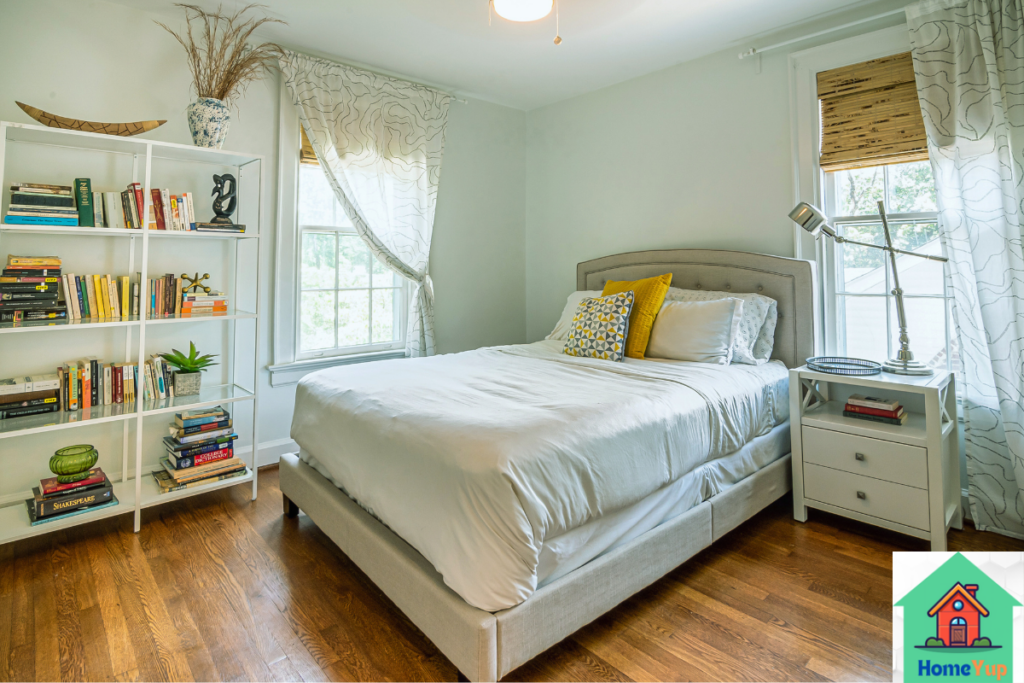 refreshing bedroom with bookshelves