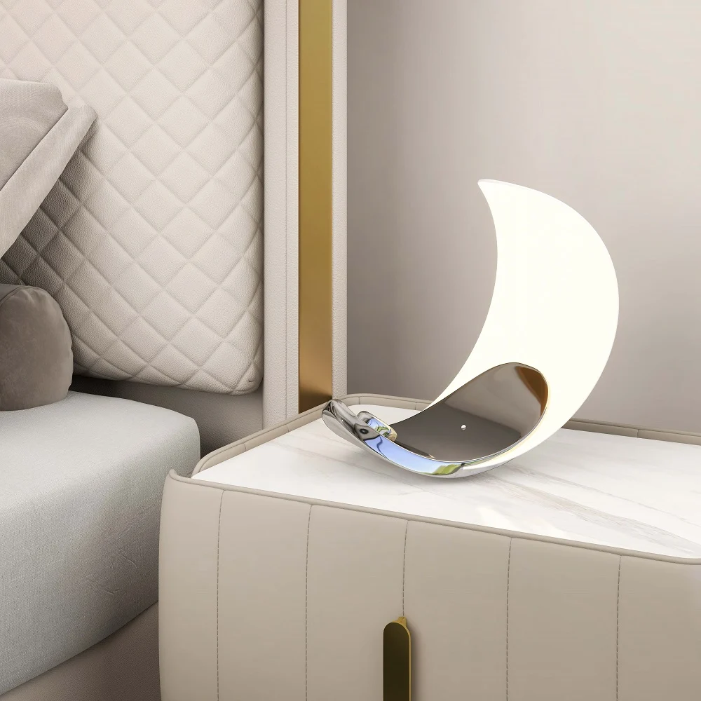 White Half-Moon Warm Light Table Lamp with Adjustable Brightness Metal Desk Lamp