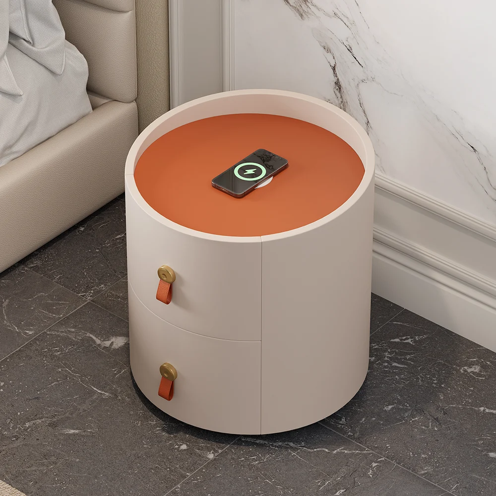 Modern Round Leather 2 Drawer Nightstand with Sintered Stone Top & Wireless Charger