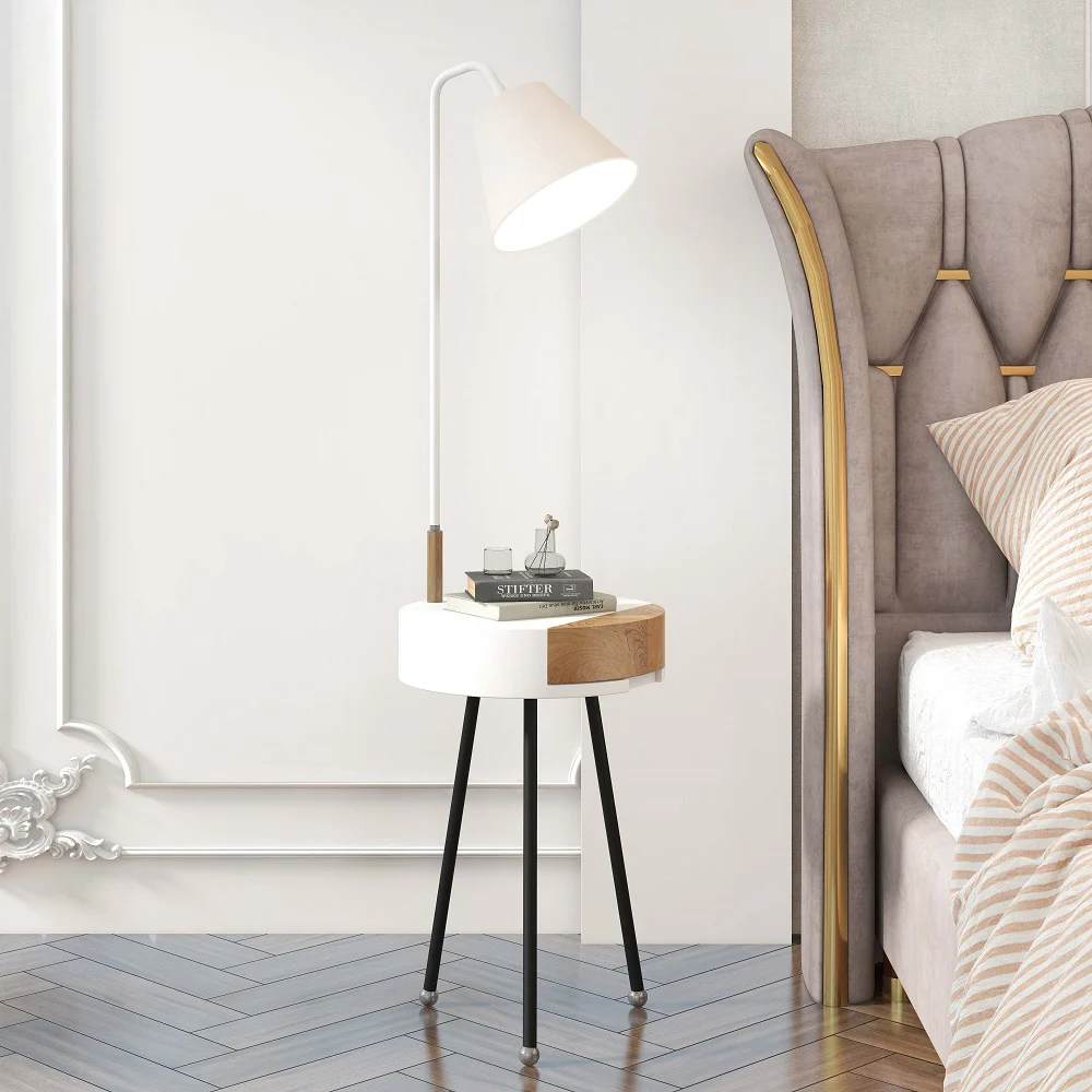 Arc White LED Wooden End Table Tripod Floor Lamp Fabric Shade | Homary