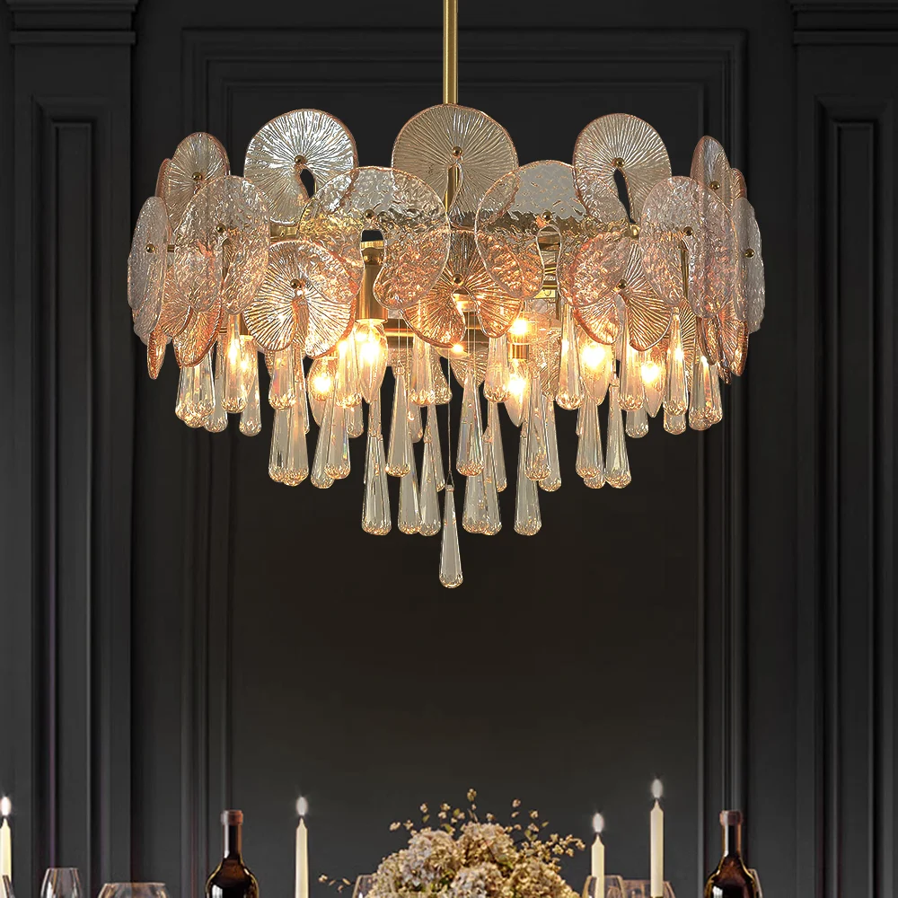 9-Light Crystal 5 Tiered Chandelier Gold Pendant Lights for Living Room